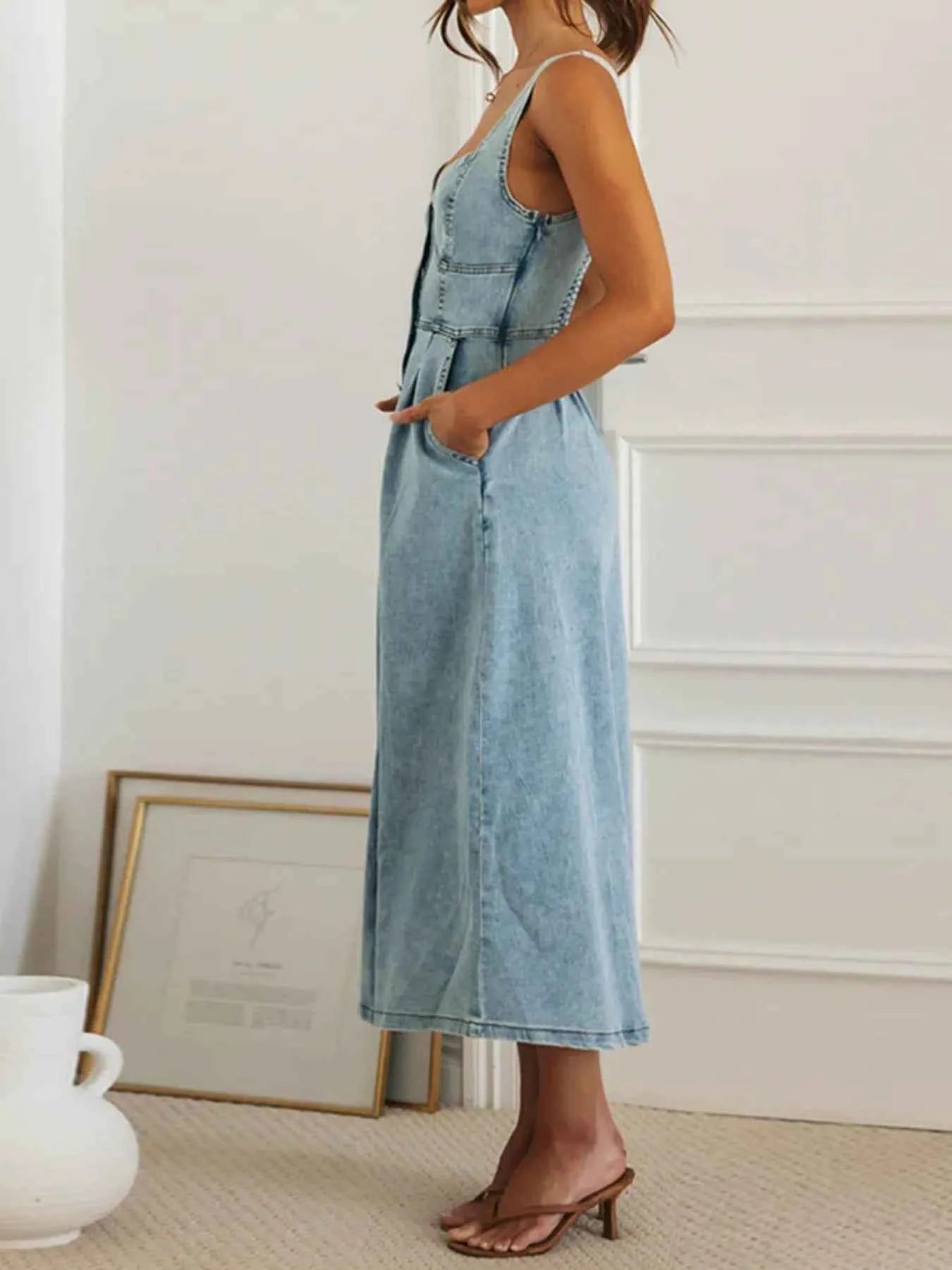 Sweetheart Neck Button-Front Midi Denim Dress