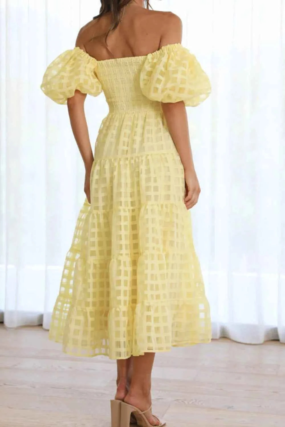 Off Shoulder Short Puff Sleeve Midi Dress