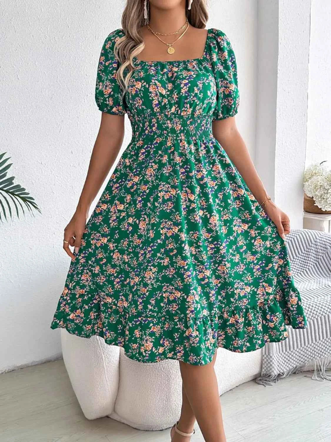 Ruffled Hem Floral Puff Sleeve Dress