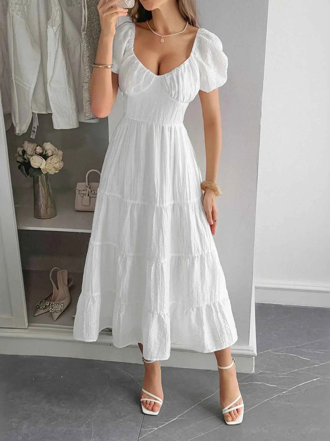 V-Neck Short Sleeve Midi Dress