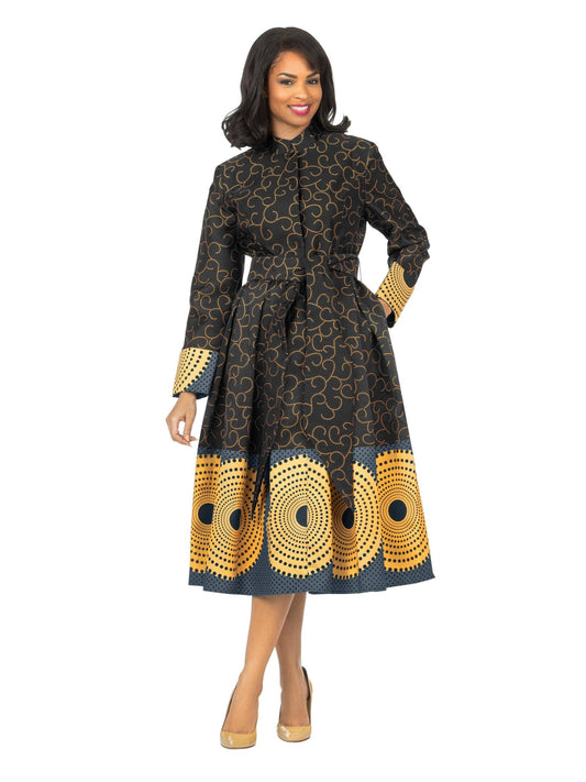 Giovanna Stand Collar A-Line Royal Print Dress w/ Belt