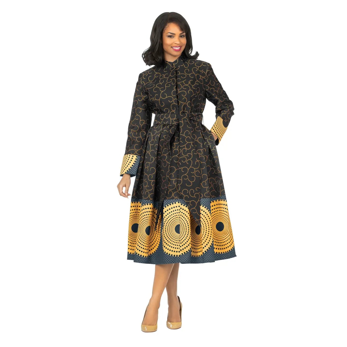 Stand Collar A-Line Royal Print Dress w/ Belt D1516