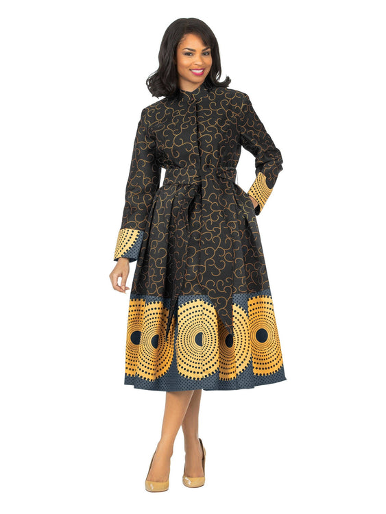 Giovanna Stand Collar A-Line Royal Print Dress w/ Belt
