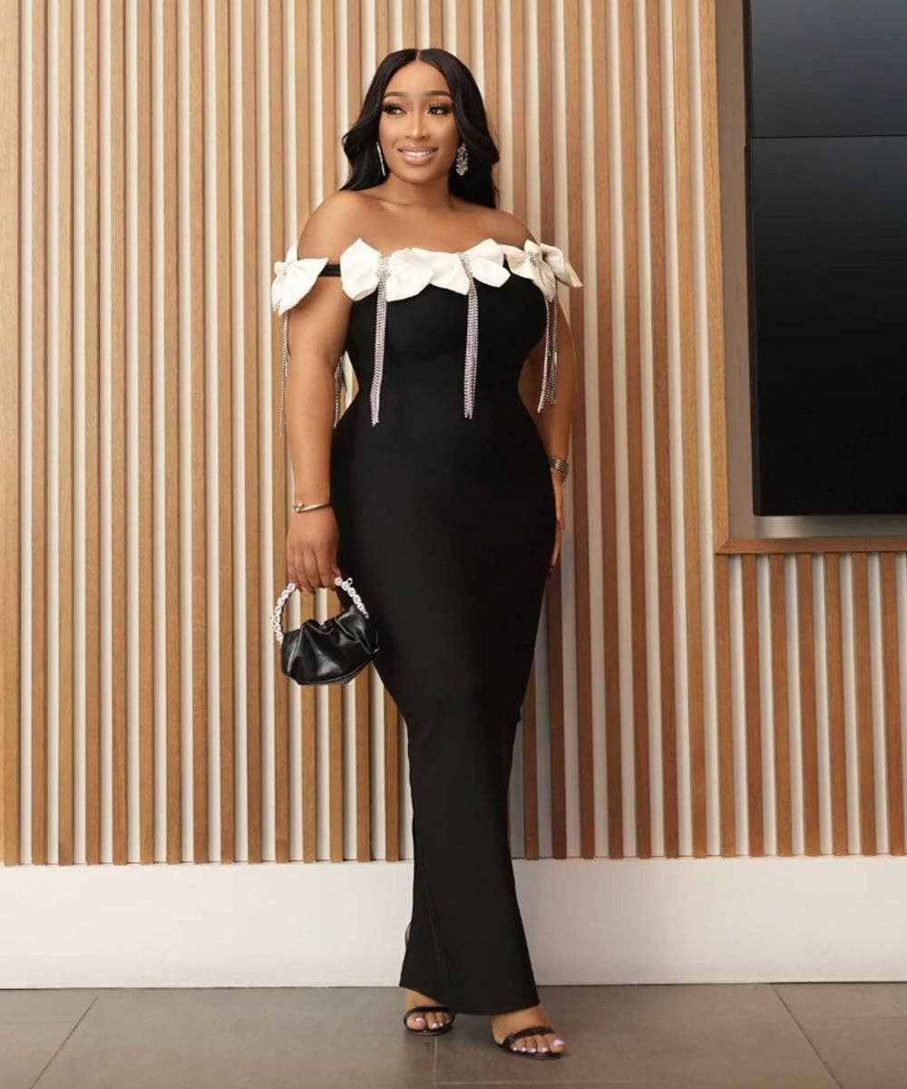 WHITE BOW BROOCH DRESS FOR GLAMOROUS AND SOPHISTICATED