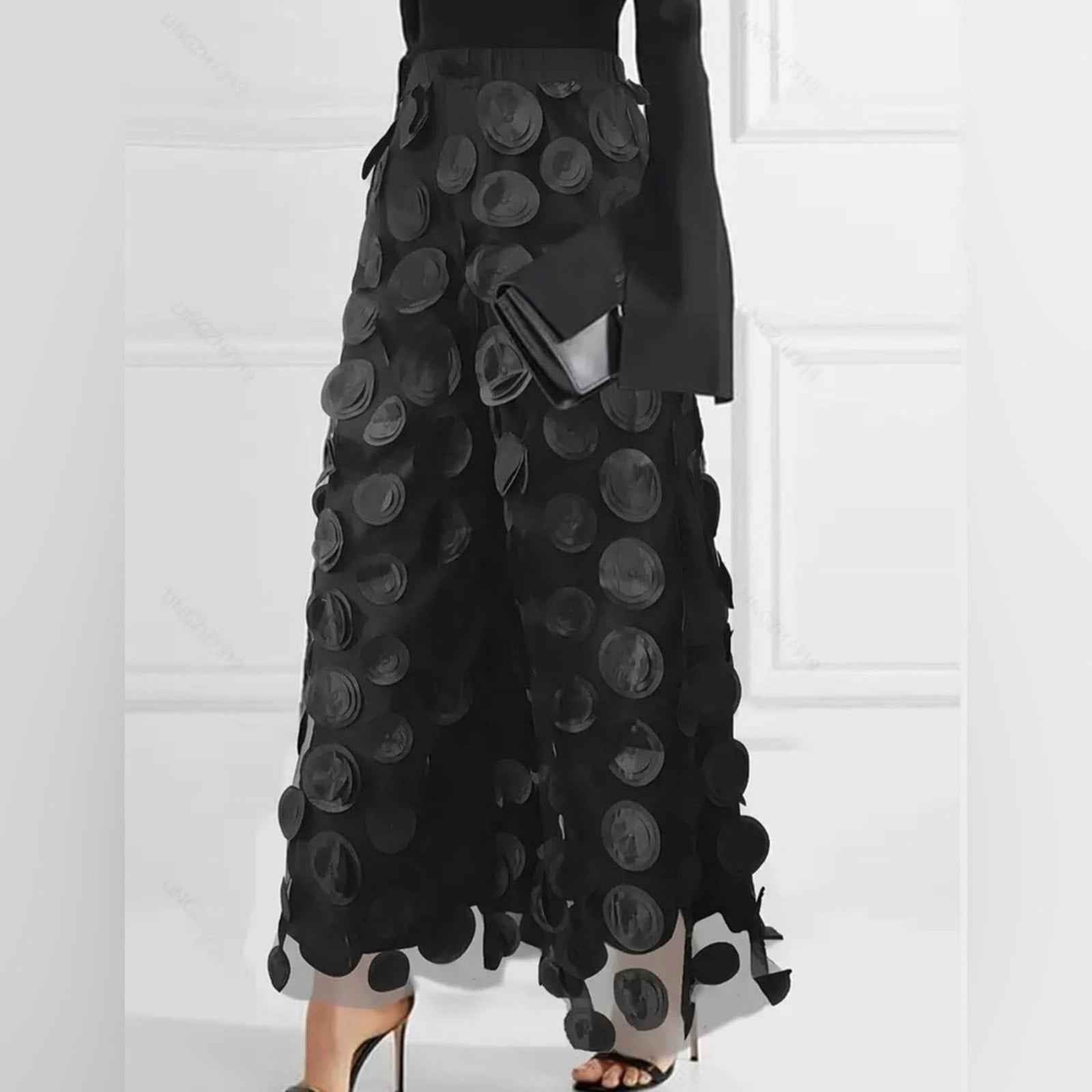 Circle Patched Wide Leg Solid Pants, Stylish High Waist Mesh Pants