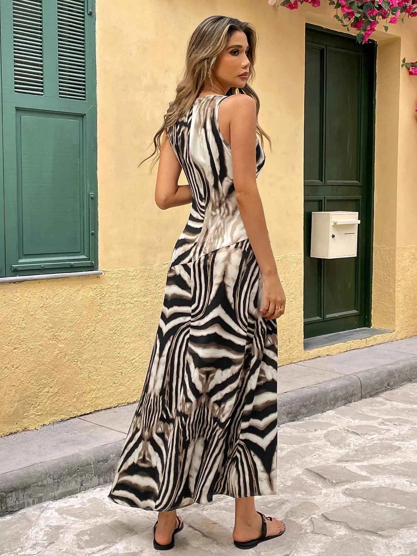 Zebra Print Sleeveless Maxi Dress