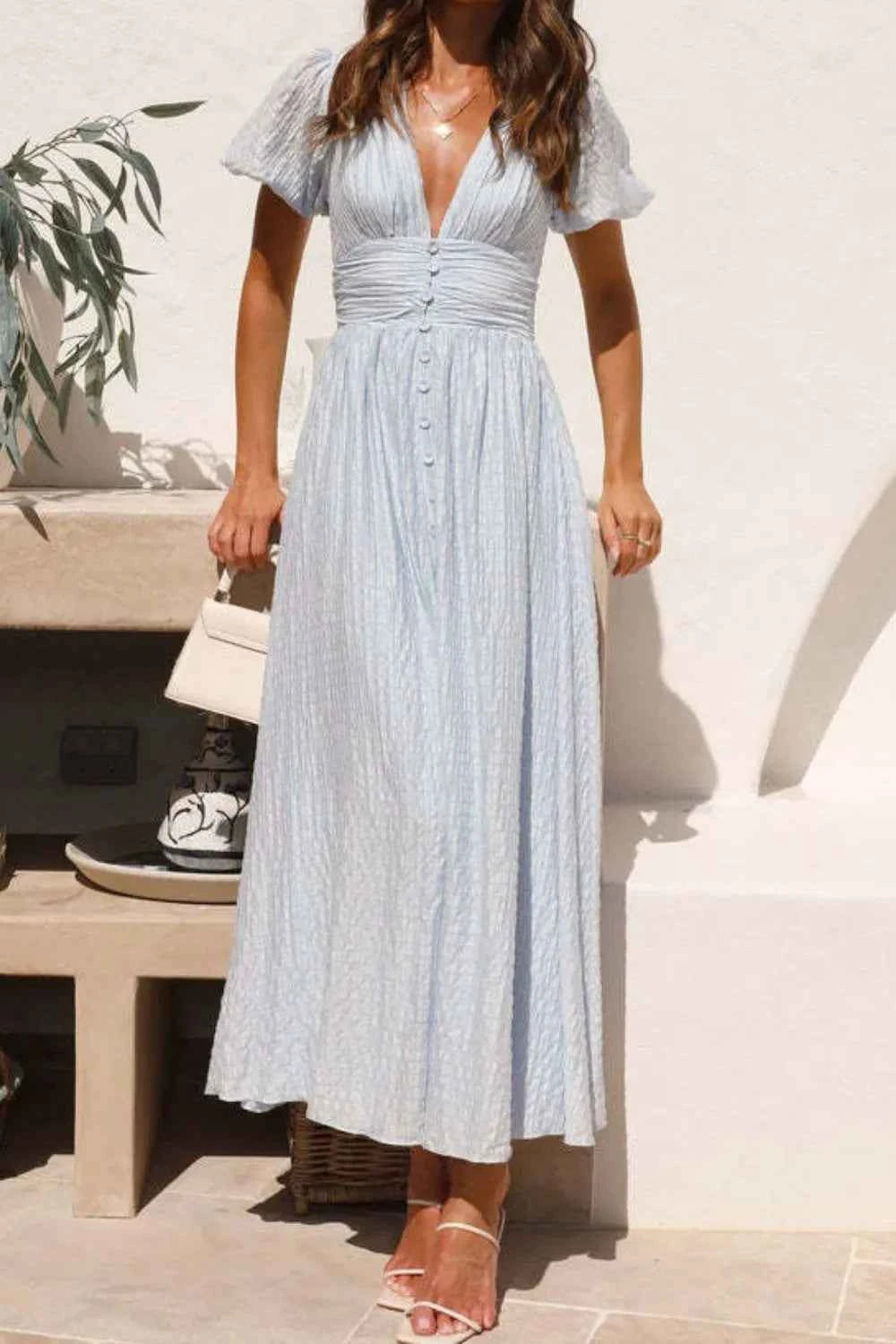 V-Neck Puff Short Sleeve Midi Dress