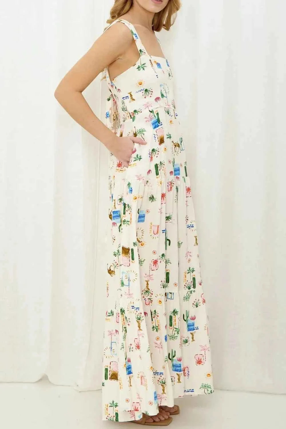Printed Square Neck Wide Strap Maxi Dress