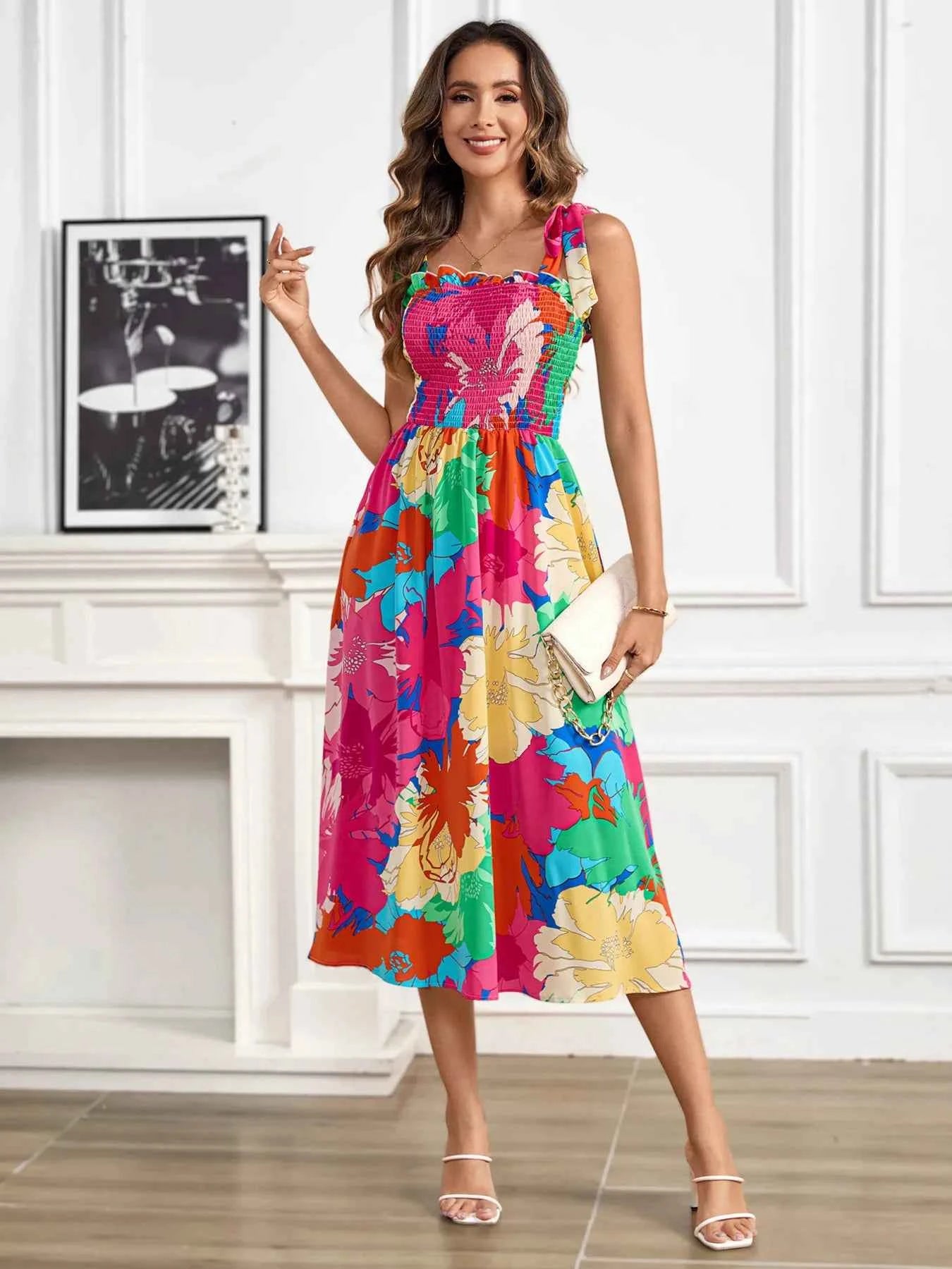 Smocked Printed Tie Shoulder Midi Dress