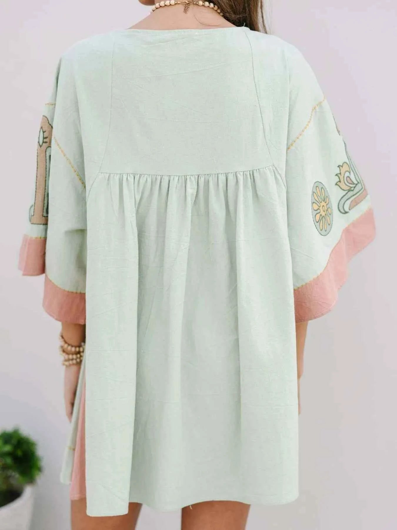 Printed V-Neck Kimono Sleeve Mini Dress