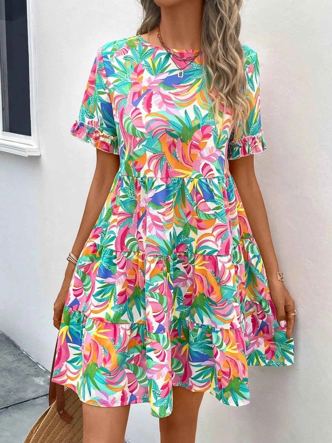 Printed Round Neck Short Sleeve Dress