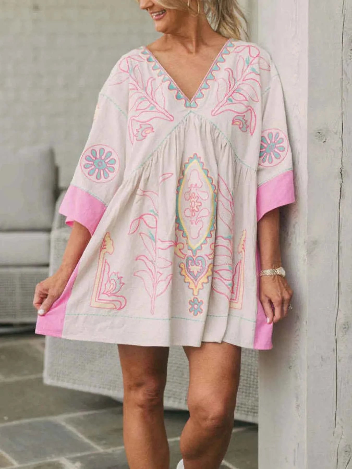 Printed V-Neck Kimono Sleeve Mini Dress