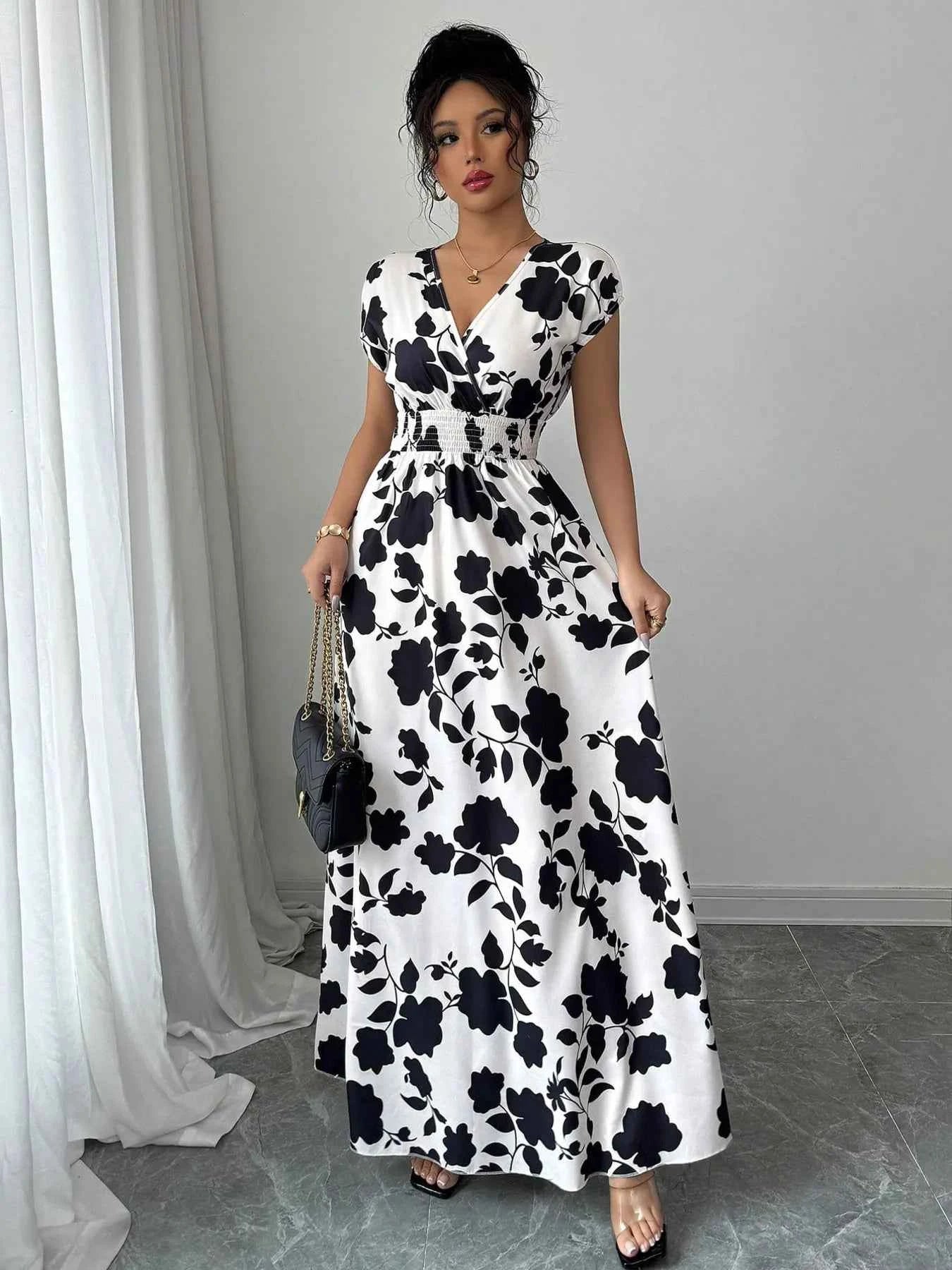 Printed Surplice Cap Sleeve Maxi Dress
