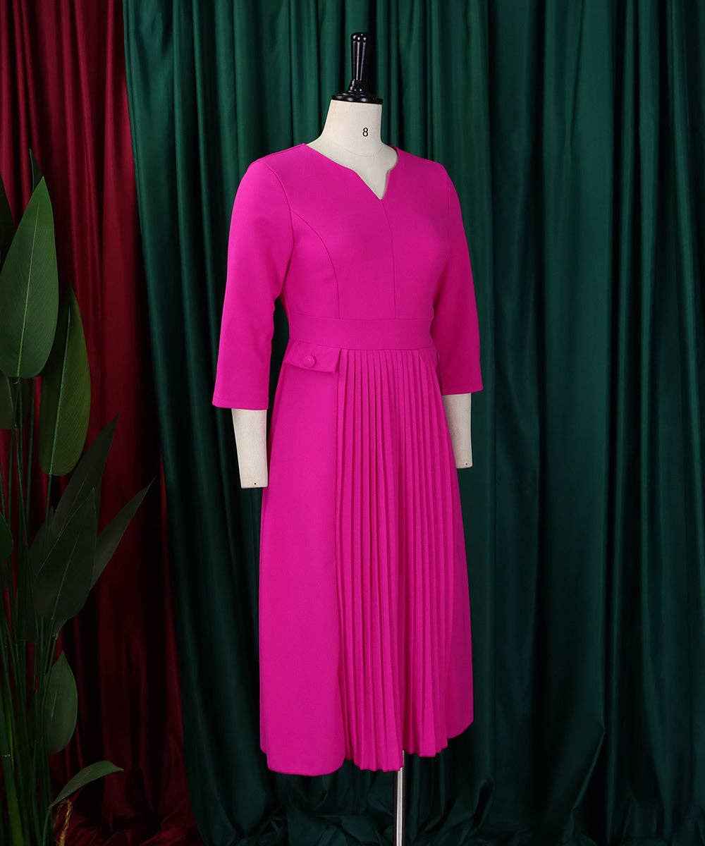 Solid Color Pleated Large Size Dress in Pink Deep Blue and Rose