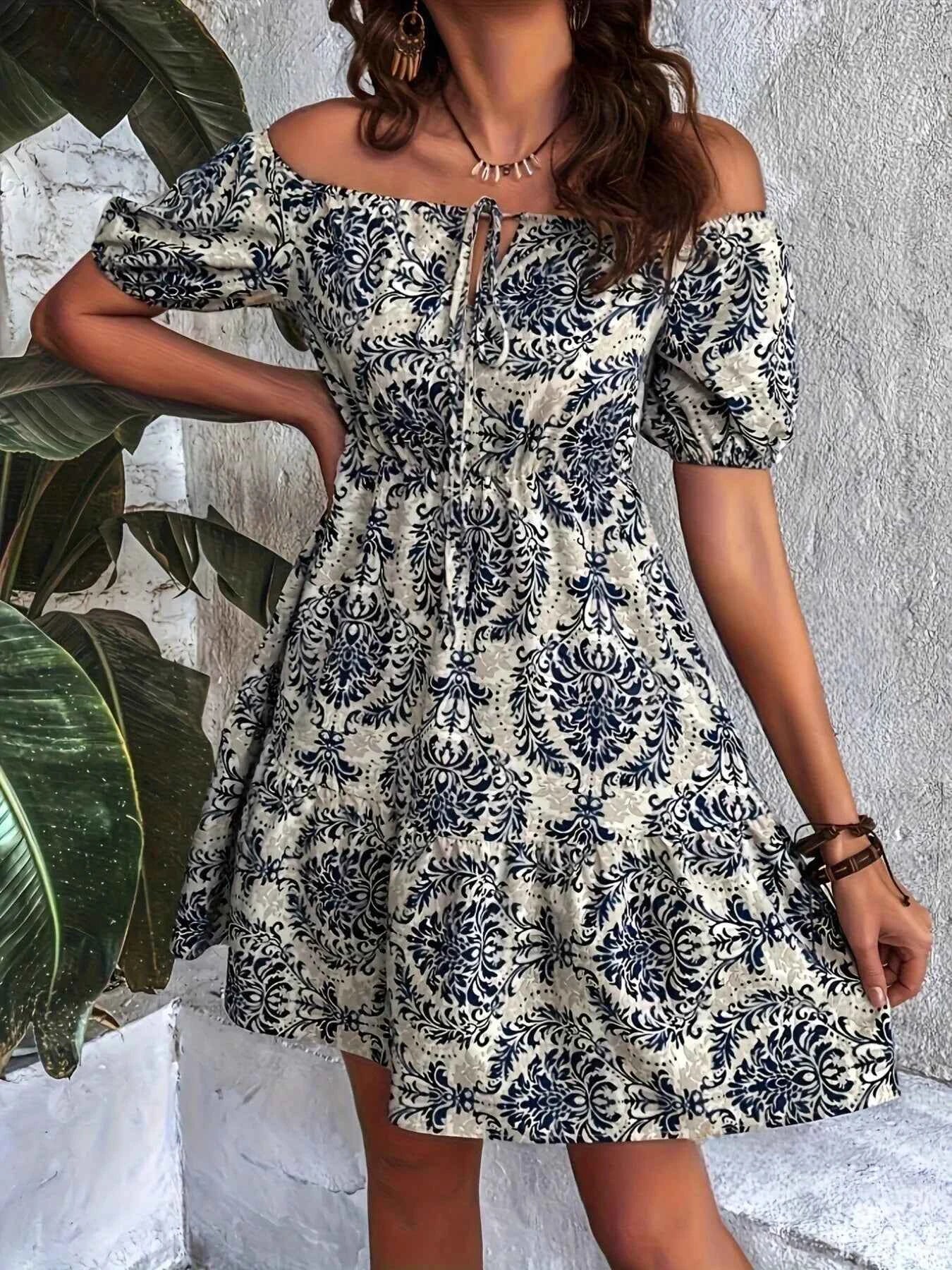 Off-Shoulder Printed Smocked Mini Dress