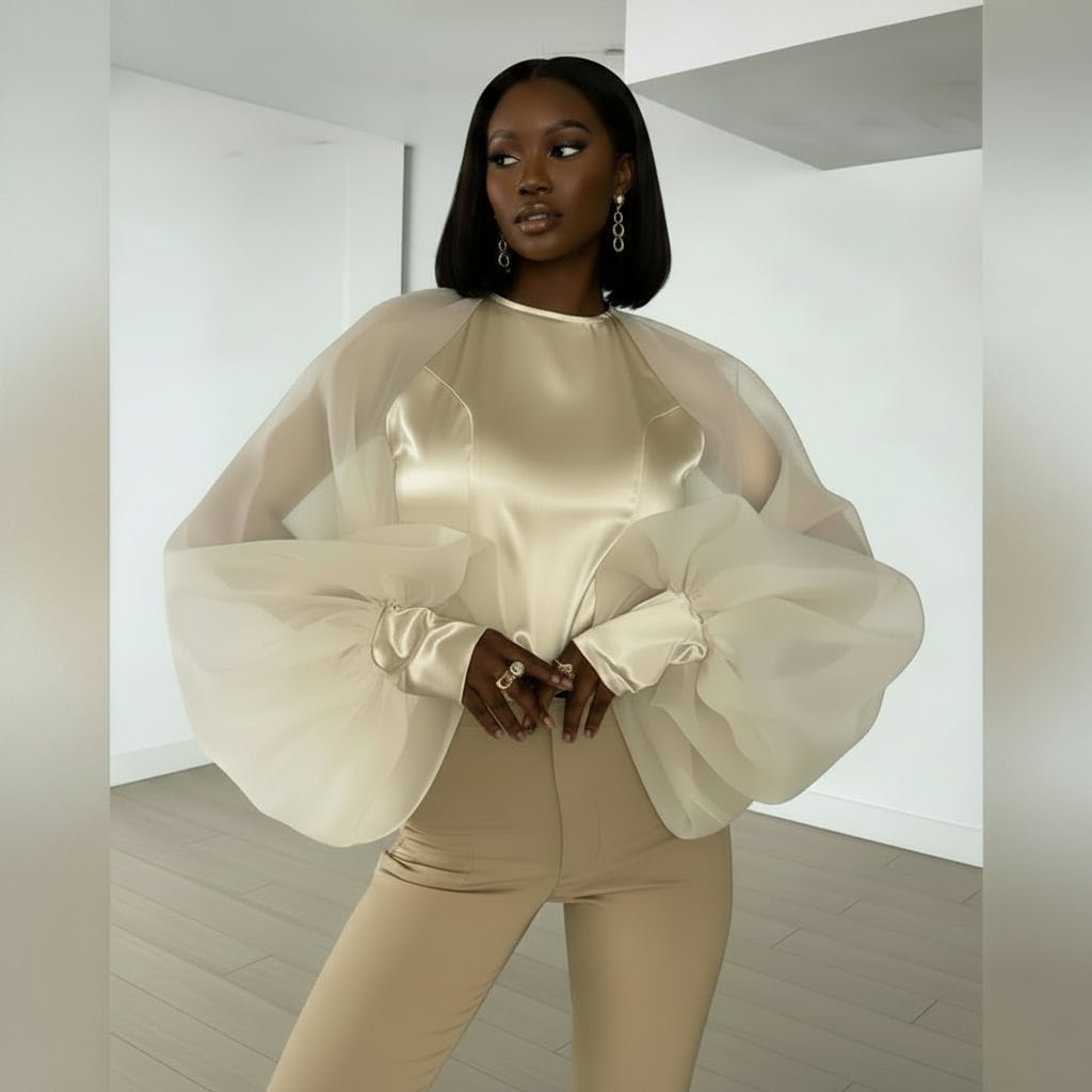 mare Soft Volume Puff Sleeve Blouse マレ Champagne Satin Organza Puff Sleeve Blouse – Elegant Statement Top