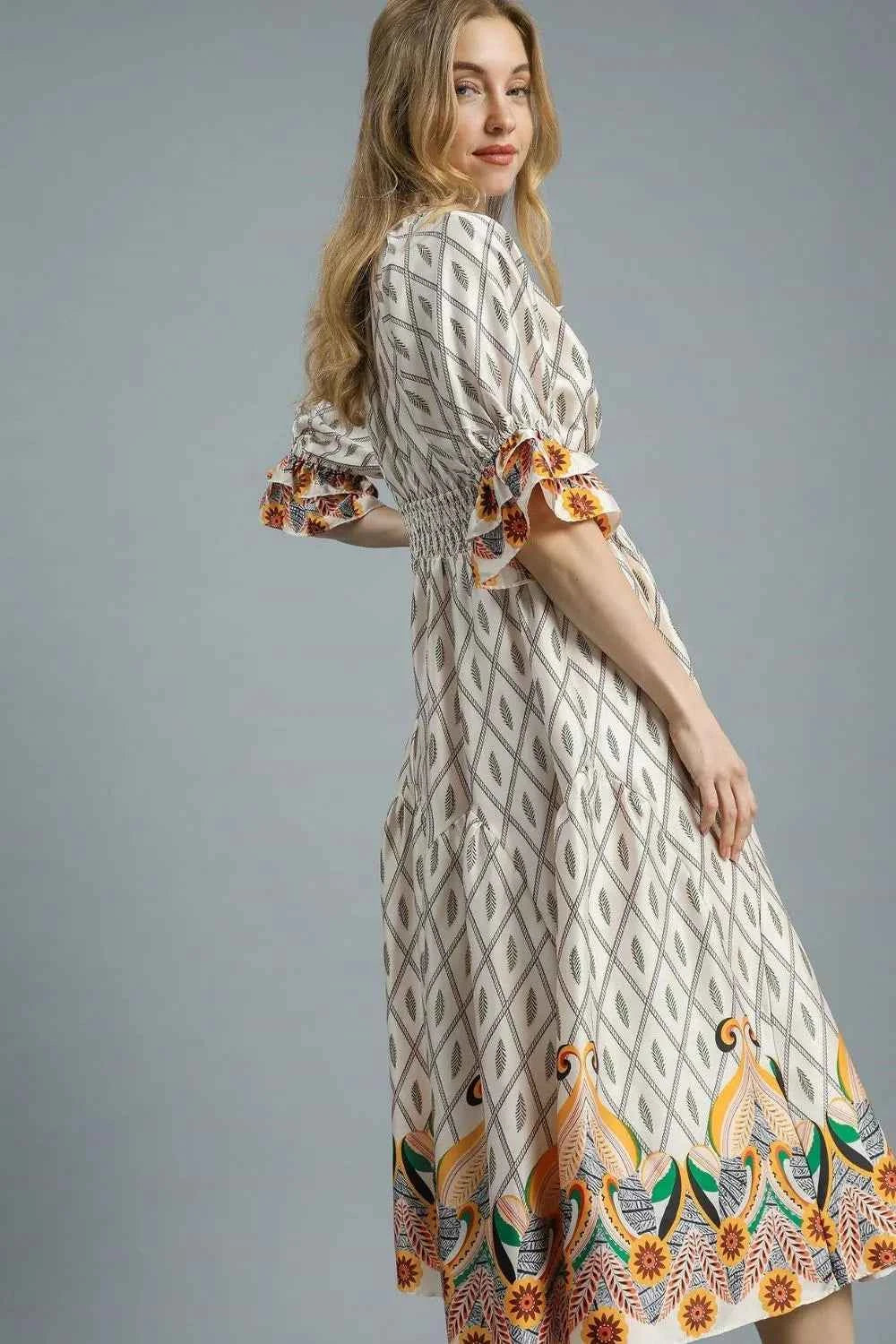 Umgee Printed Smocked Waist Flounce Sleeve Midi Dress