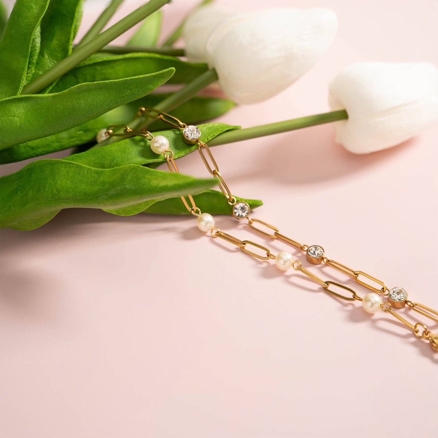 18K Gold PVD Steel Station Pearl Paperclip Chain Bracelet
