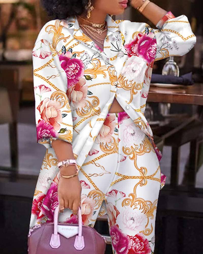 Print lantern sleeve top high waist pants set