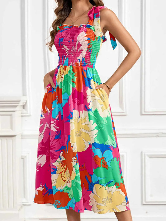 Smocked Printed Tie Shoulder Midi Dress