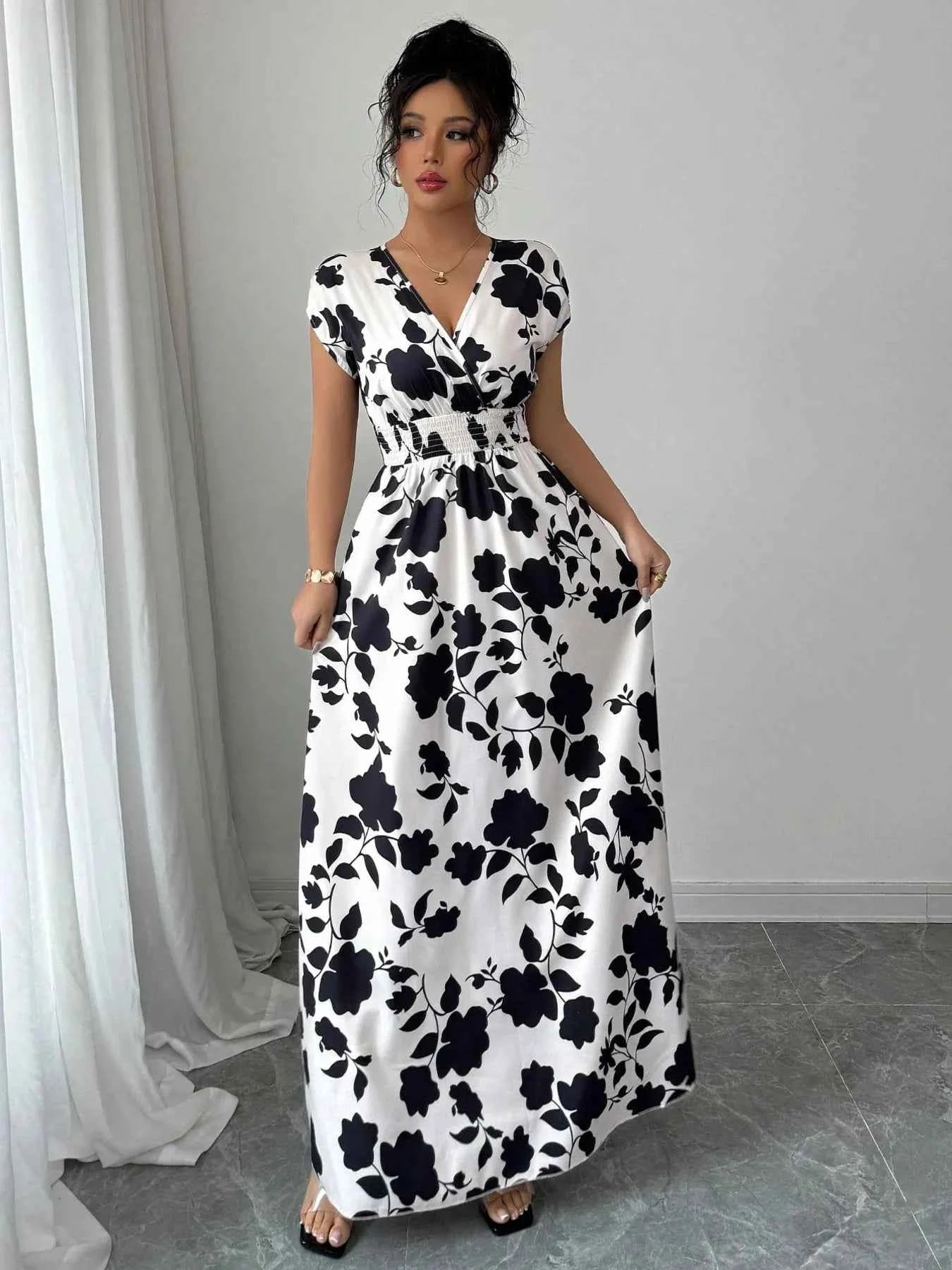 Printed Surplice Cap Sleeve Maxi Dress