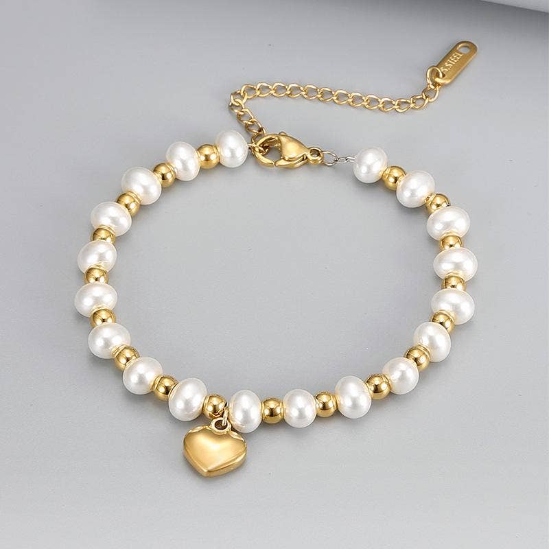 Stainless Steel Heart Pendant Pearl Beaded Bracelet