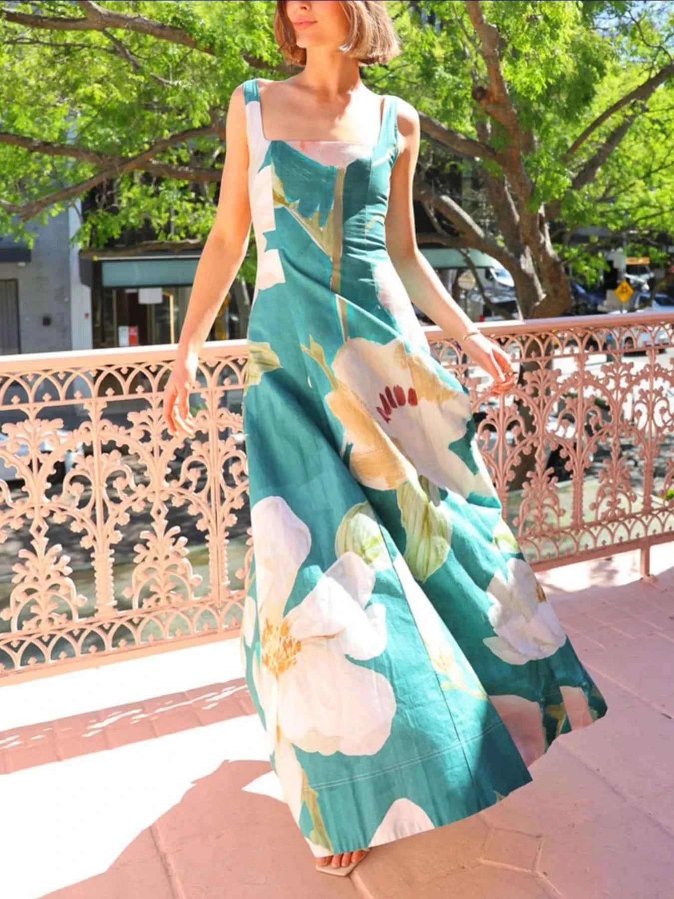 Floral Print Square Neck Maxi Dress