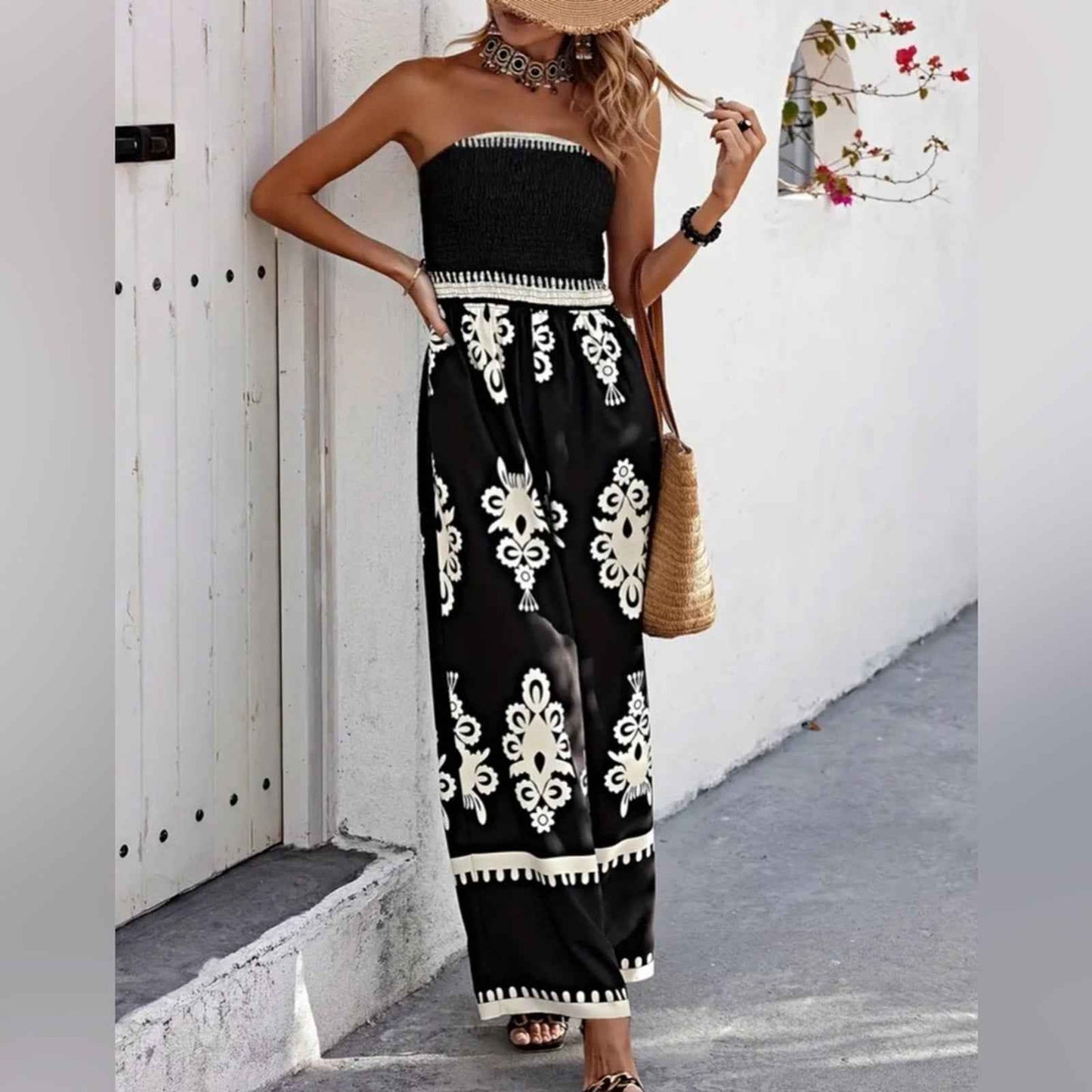 Plus Size BOHO Tube Jumpsuit, Casual Strapless Wide Leg