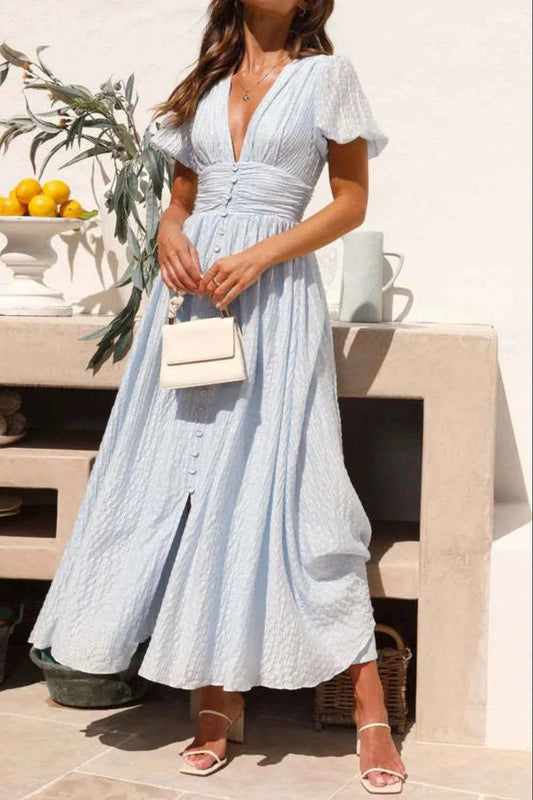 V-Neck Puff Short Sleeve Midi Dress