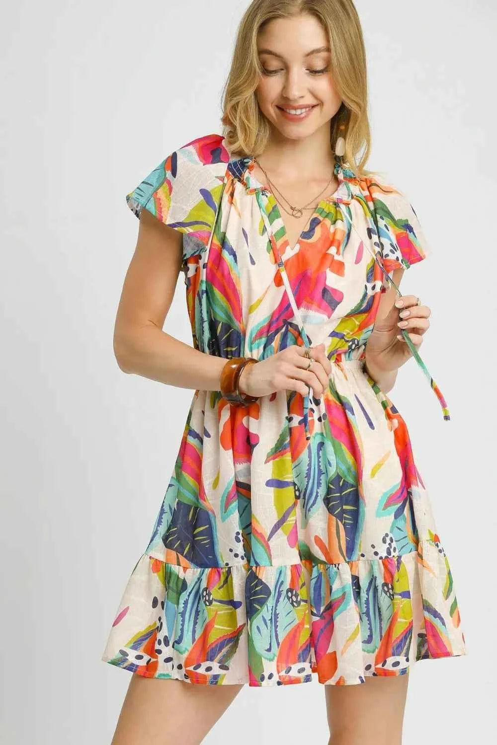 Umgee Printed Tie Neck Ruffled Hem Dress