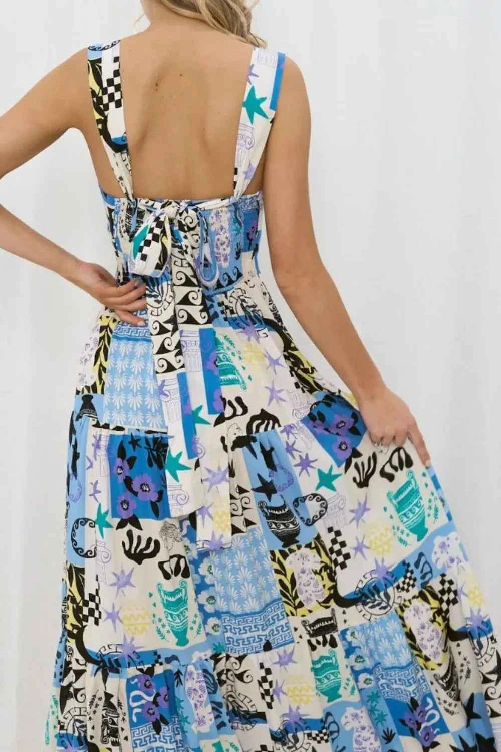 Printed Square Neck Wide Strap Maxi Dress