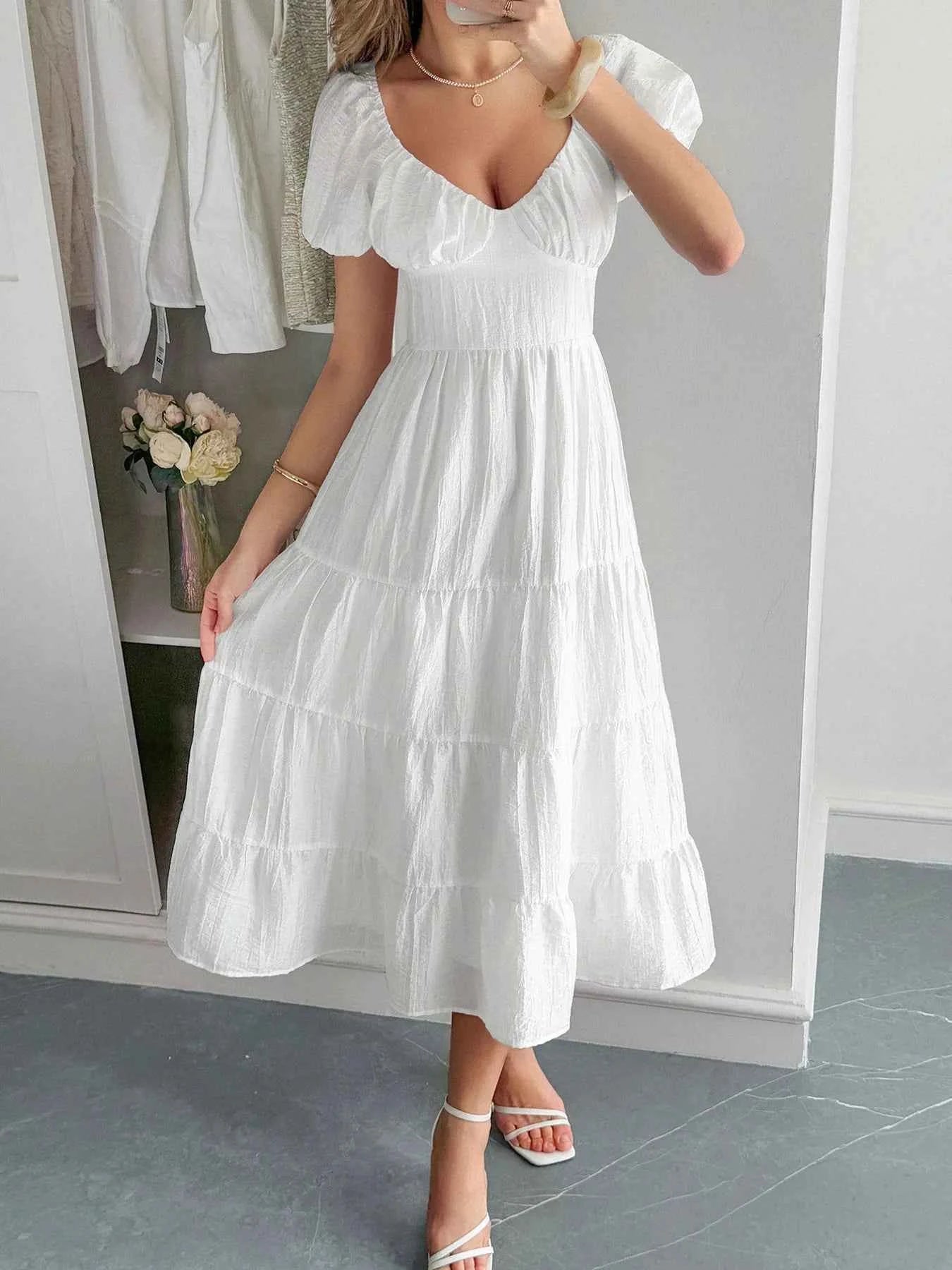 V-Neck Short Sleeve Midi Dress