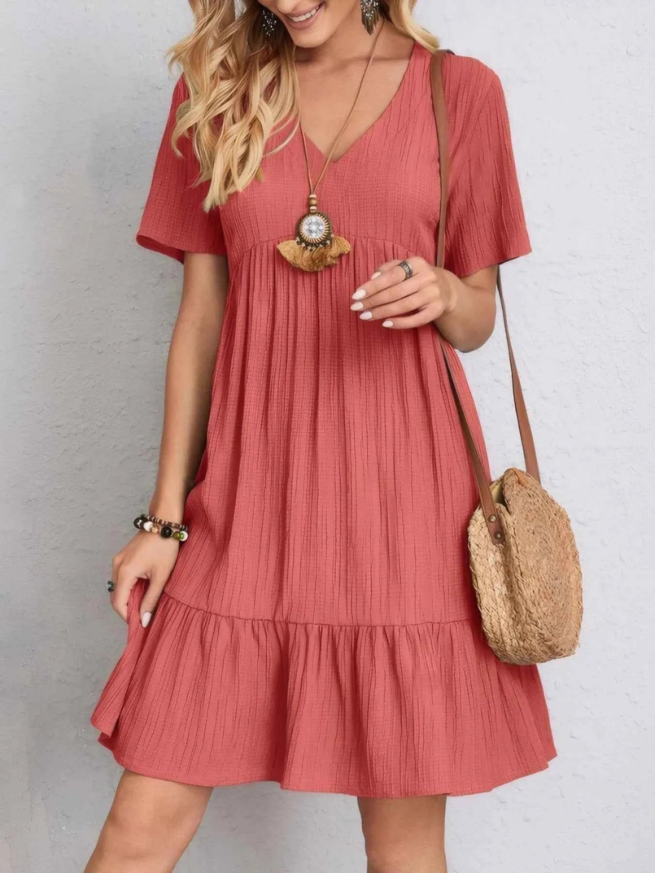 V-Neck Tiered Dress with Flutter Sleeves