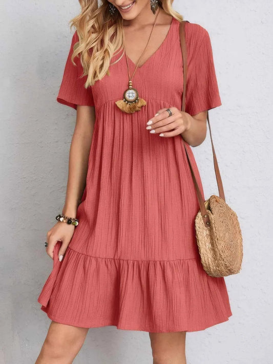 V-Neck Tiered Dress with Flutter Sleeves