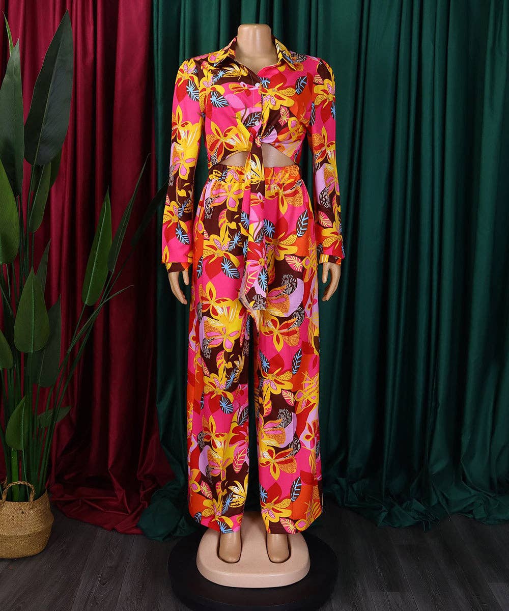 Vibrant Printed Two-Piece Lapel Lace-Up Shirt Wide-Leg Pant Suit