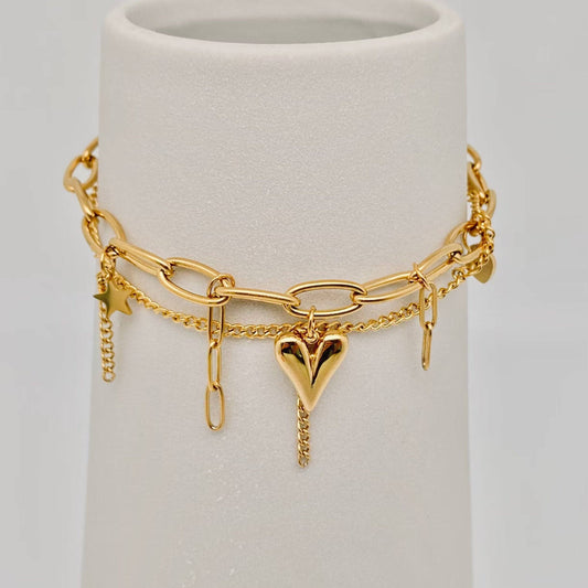 Star Heart Charm 18K Gold Plated Double Chain Bracelet
