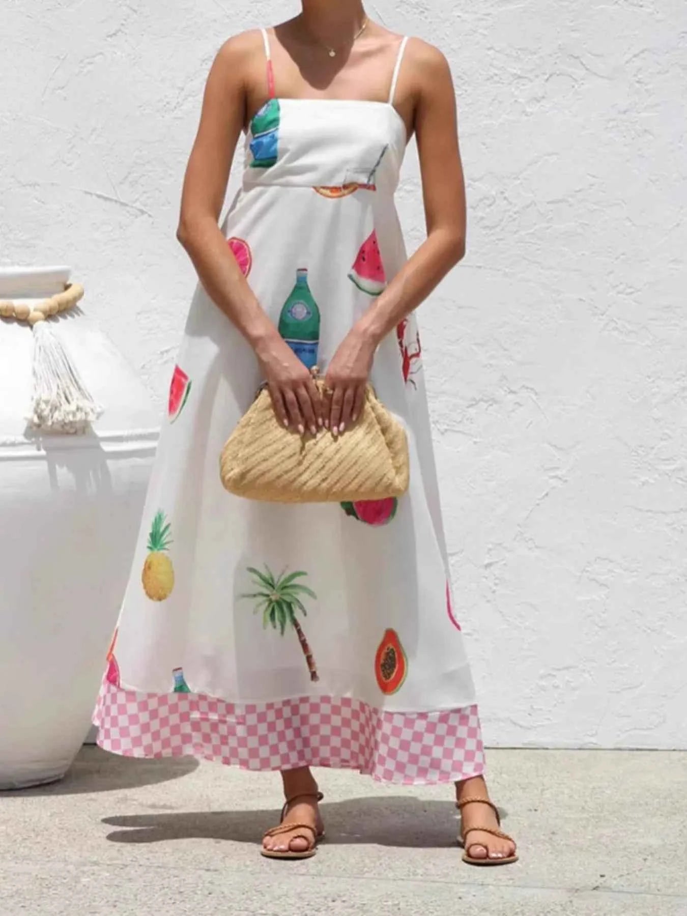 Printed Checkered Hem Cami Midi Dress