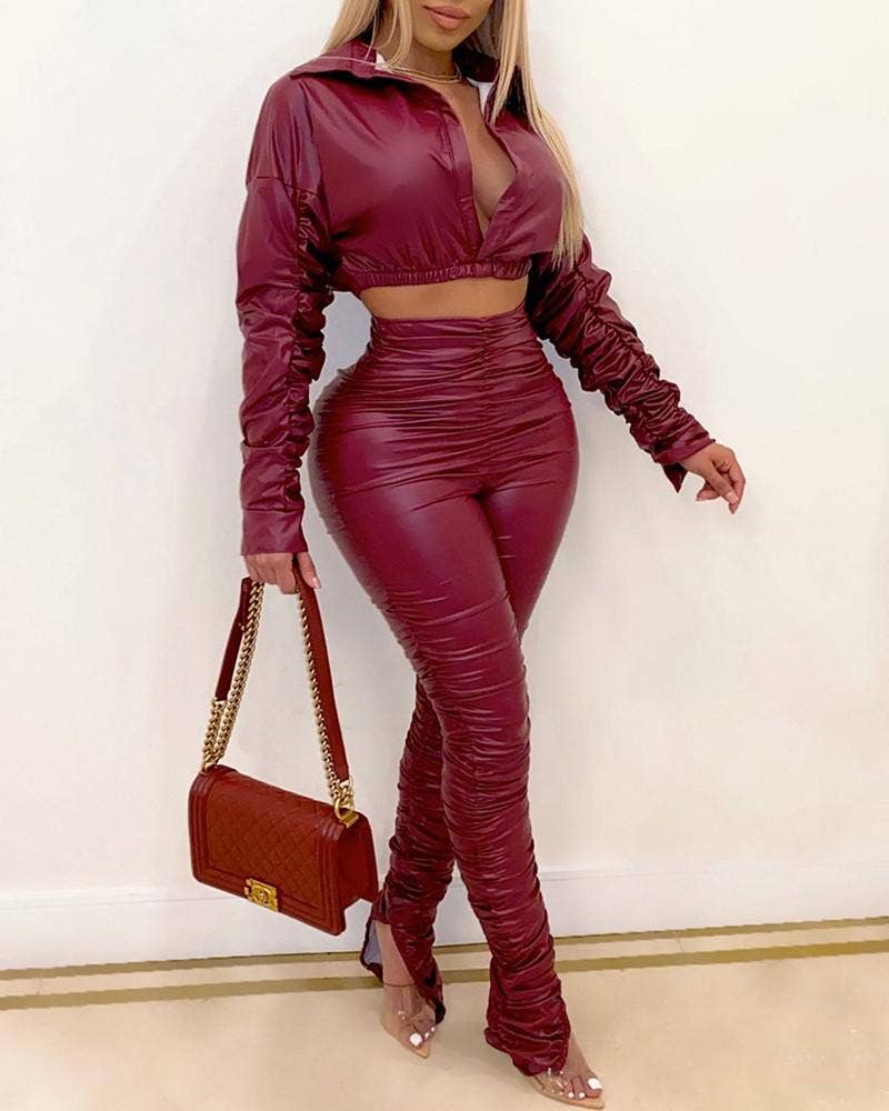 Ruched PU Leather 2-Piece Set – Crop Top & High Waist Pants – Wine Red