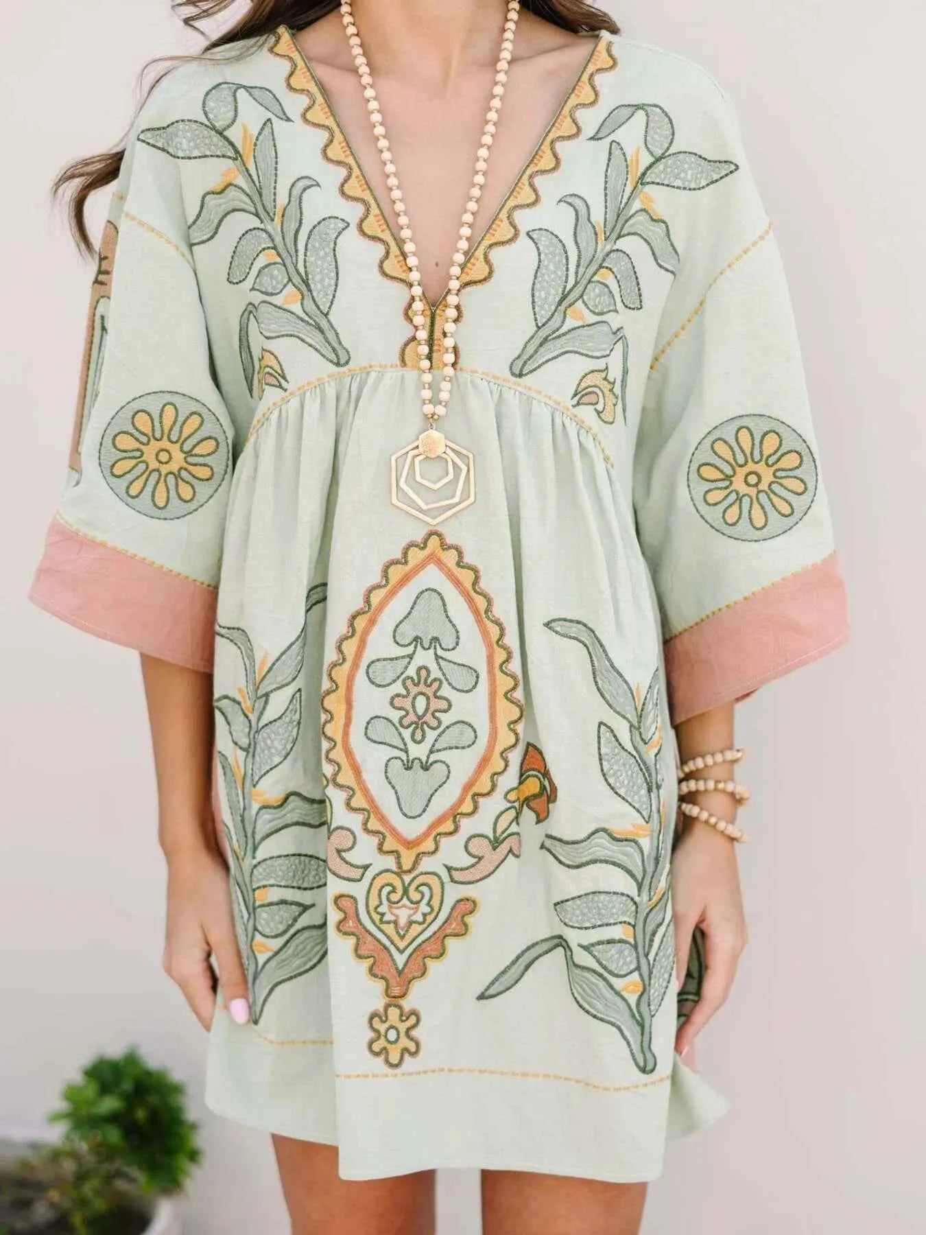 Printed V-Neck Kimono Sleeve Mini Dress