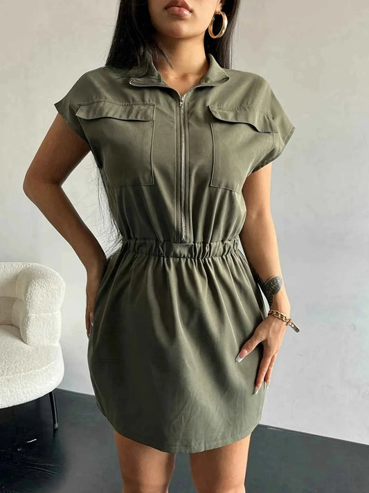 Zipper Front Short Sleeve Mini Dress