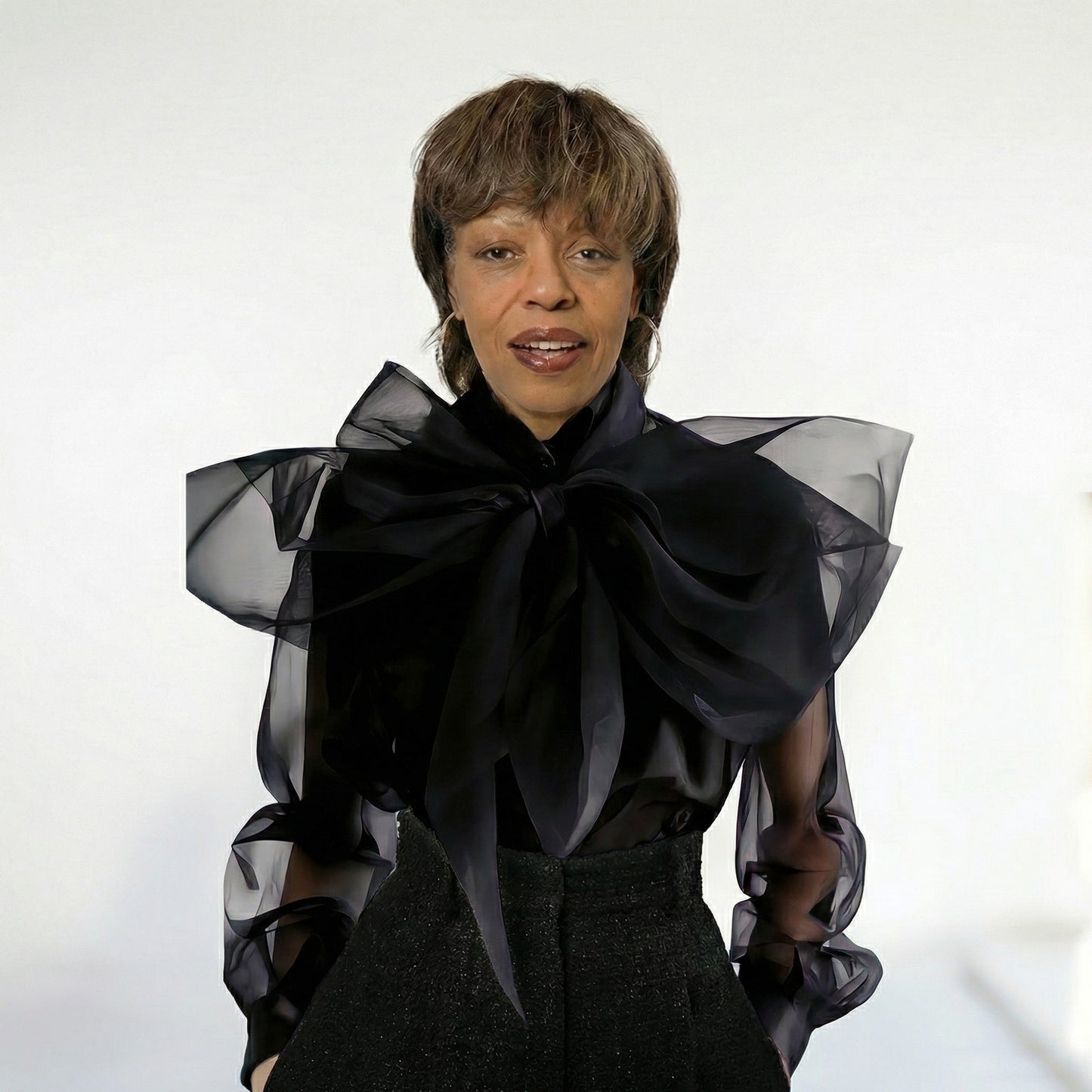 Person wearing a black blouse with sheer sleeves against a white background