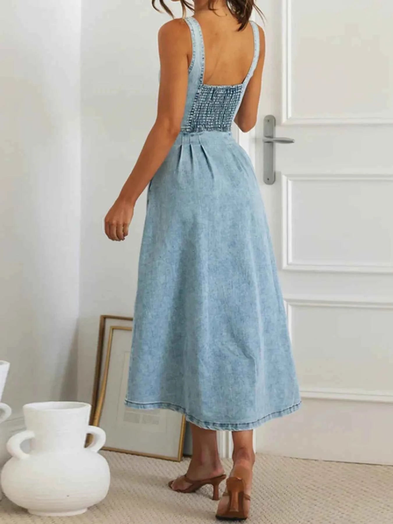 Sweetheart Neck Button-Front Midi Denim Dress