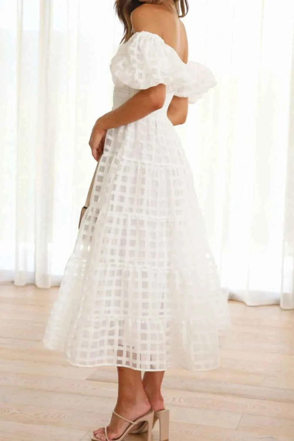 Off Shoulder Short Puff Sleeve Midi Dress