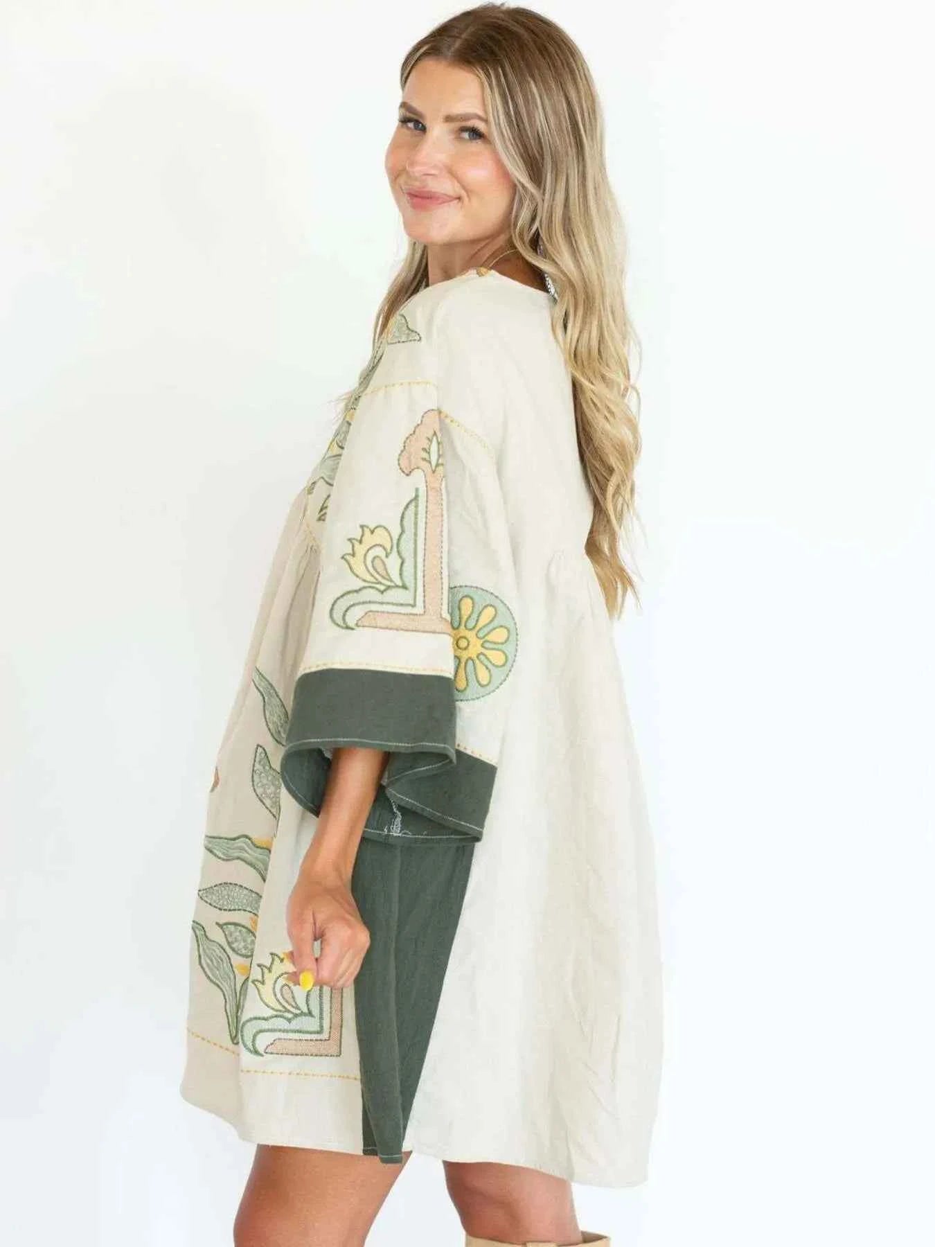 Printed V-Neck Kimono Sleeve Mini Dress