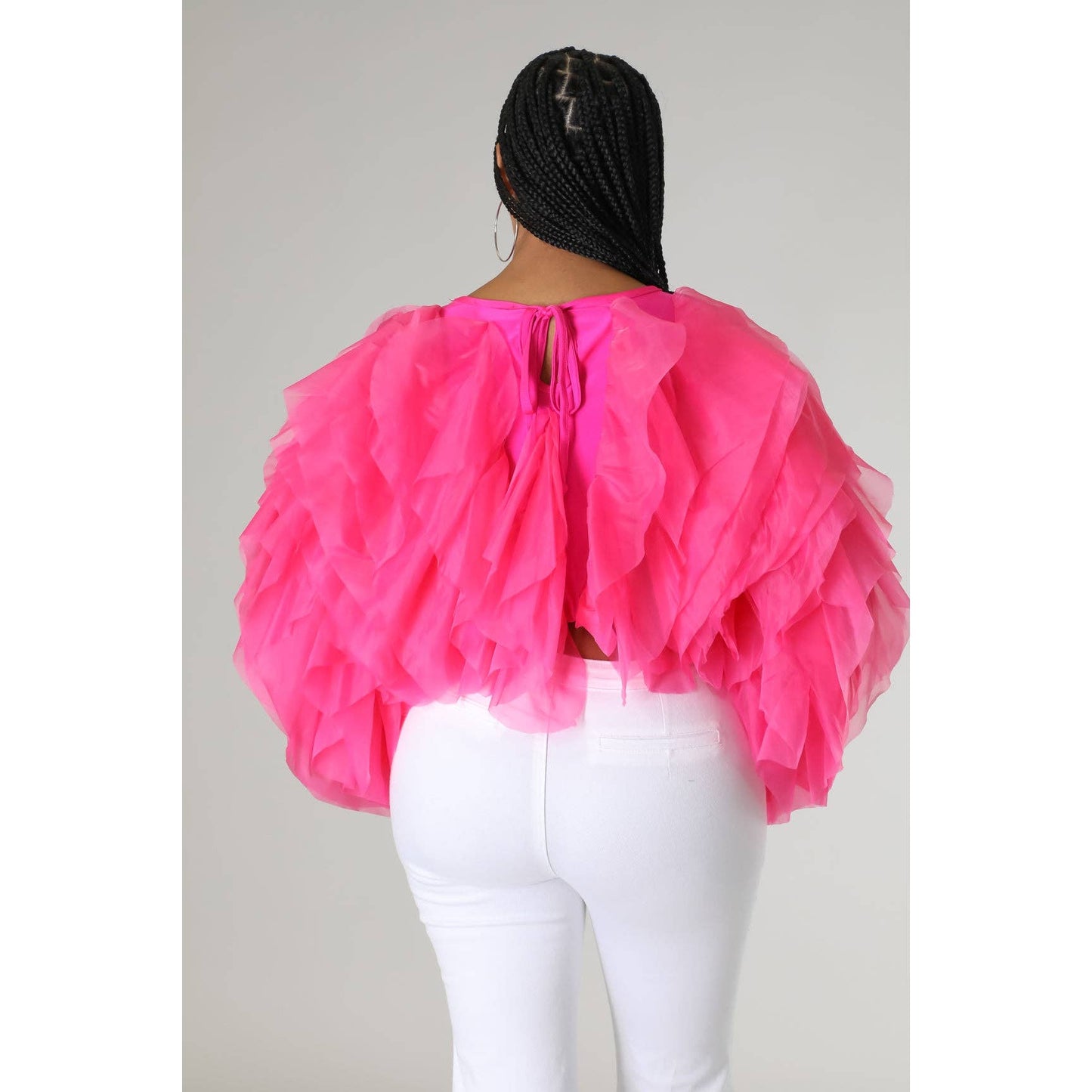 Plus Long Sleeve Ruffle Tulle Crop Top Blouse