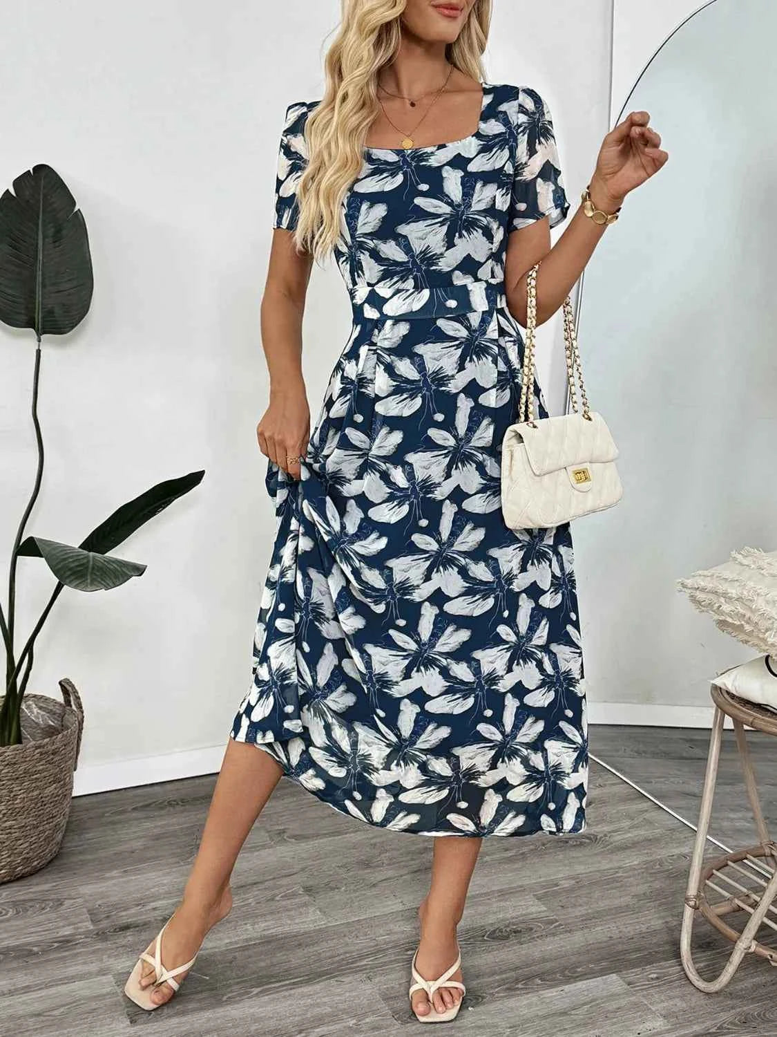 Printed Square Neck Midi Dress