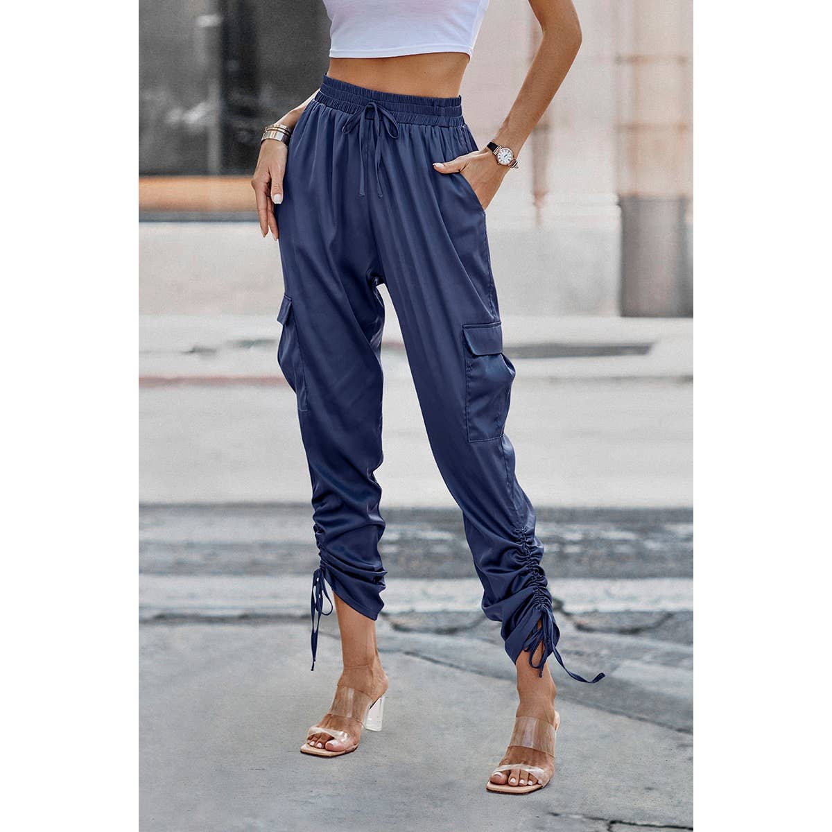 Solid Drawstring Hem Flap Pocket Side Stacked Pants