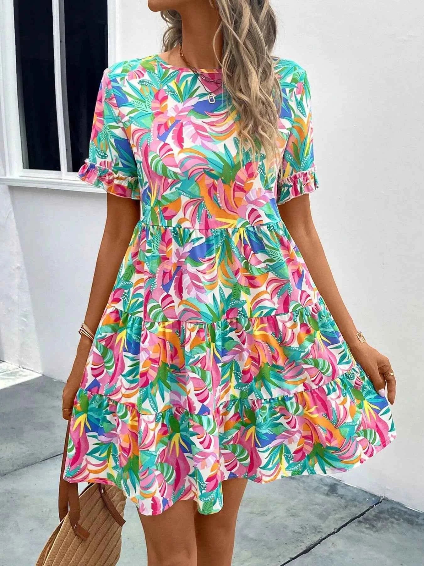 Printed Round Neck Short Sleeve Dress