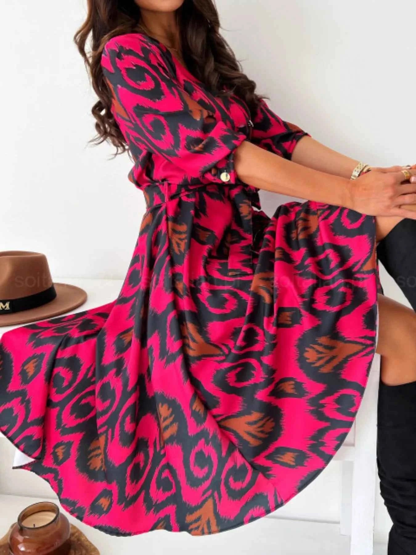 Printed Tie Waist Midi Dress