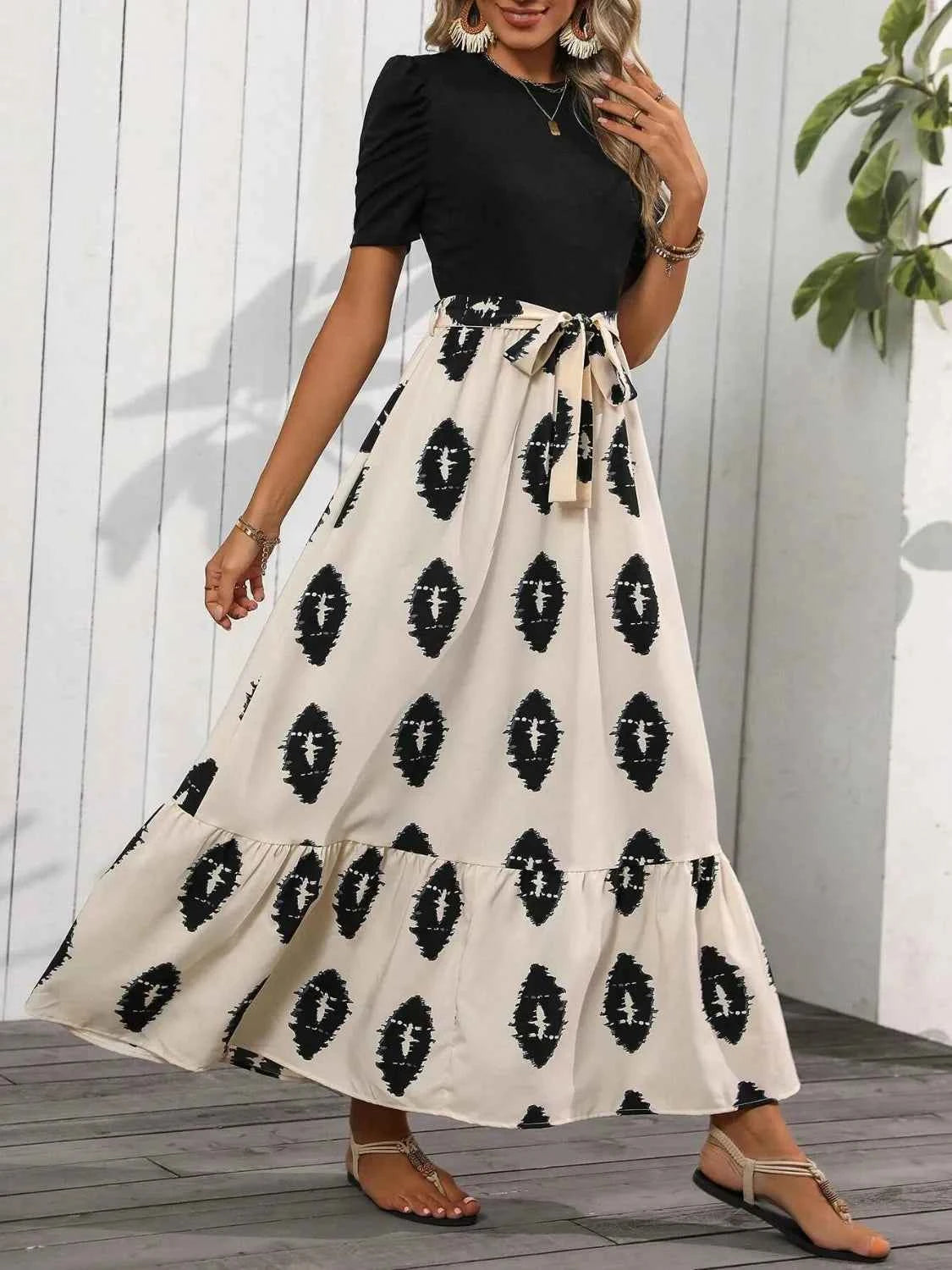 Printed Tie Waist Short Sleeve Maxi Dress